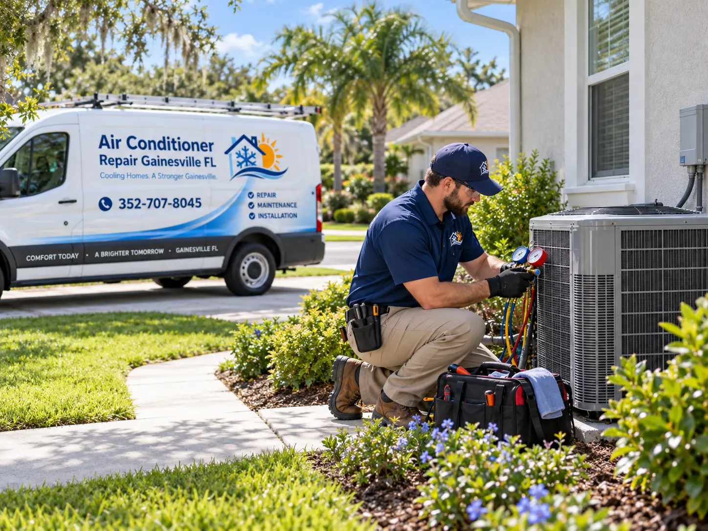 Technician taking refrigerant readings at an outdoor condenser