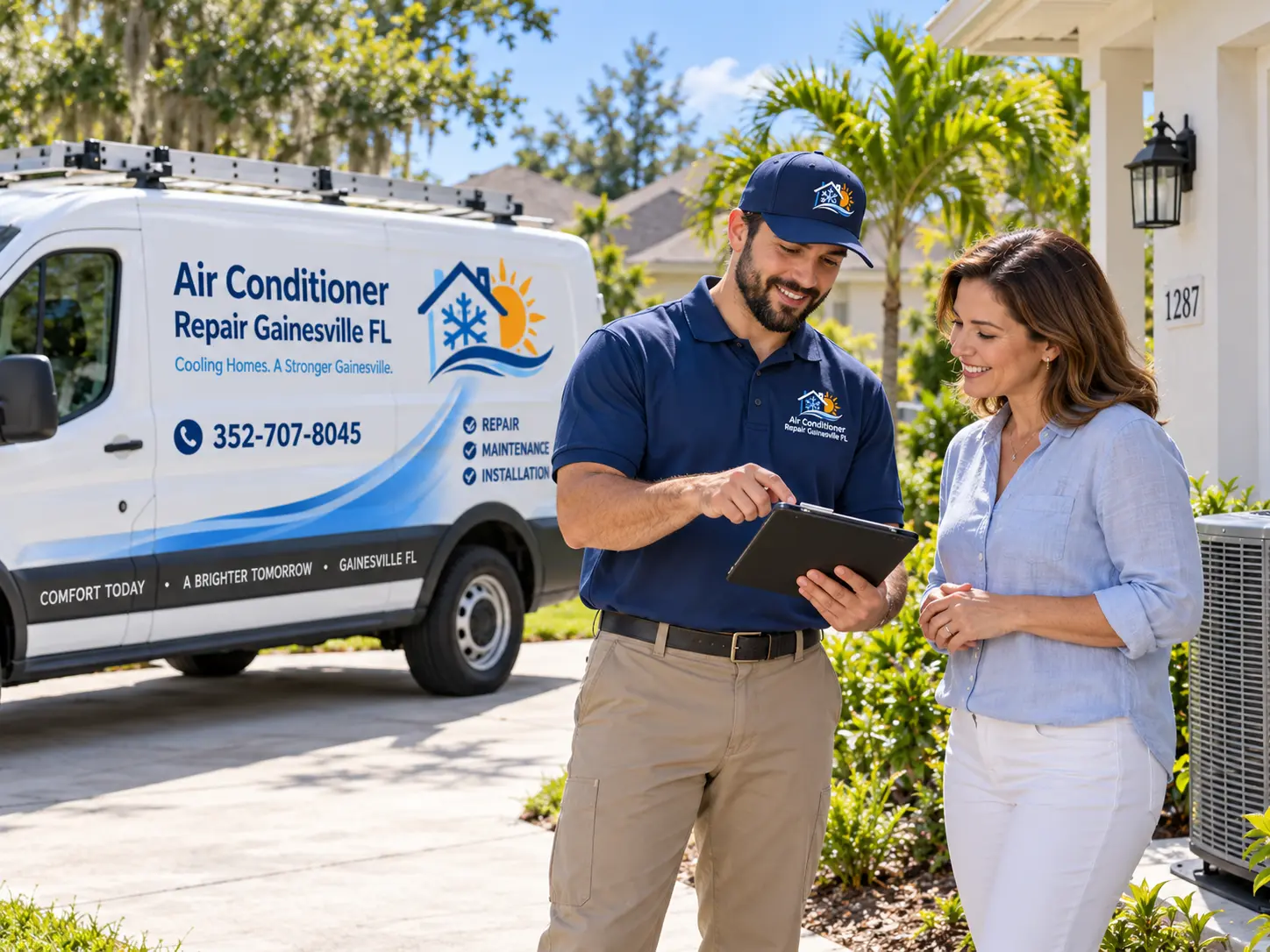Technician reviewing maintenance findings with a homeowner